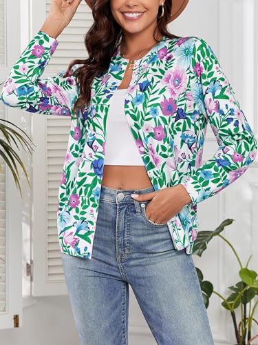 Angashion Women'S Cardigans Floral Print - Long Sleeve Crewneck Knitted Cardigan - Sweaters Loose Green Floral Medium thumb #2