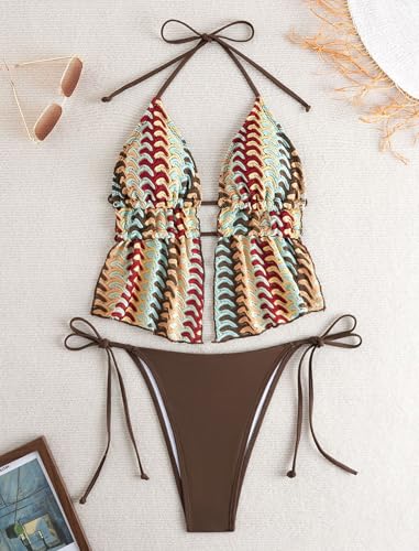 Image of ZAFUL Halter Swimsuits for Women Textured Backless 2 Piece Bathing Suits Cheeky High Cut String Tie Side Bikini Sets