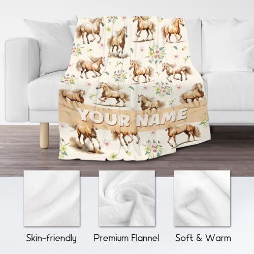 Custom Horse Throws Blanket with Name - 40x50 Inches Cute Throw Blanket for Girls - White Soft Fuzzy Blankets for Couch & Office