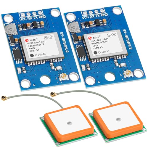Meshnology 2 Pack GY-NEO6MV2 NEO-6M GPS Module - Flight Controller Module Board 3V-5V with Super Strong Ceramic Antenna Compatible with Ar duino ESP 32 Rasp Berry P i EEPROM APM 2.5