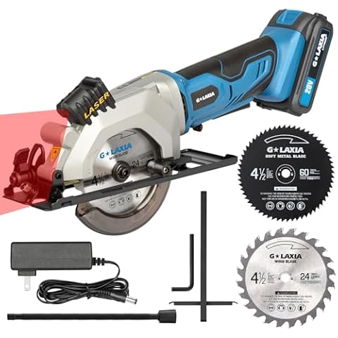 G LAXIA Mini Circular Saw, 4-1/2" 3400RPM Cordless Circular Saw with Laser Guide, Rip Guide, Compact Hand Saw with 2Pcs blades（24T+60T), Max Cutting Depth 1-11/16"(90°), 1-1/8"(45°) Cover