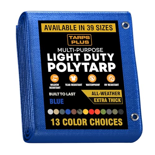 TarpsPlus Light-Duty 6 Mil Poly Tarps Waterproof & Tear Resistant Temporary Cover Multi-Purpose Tarp for Cars Garden Equipment Camping & Outdoor Use Blue 20 x 30