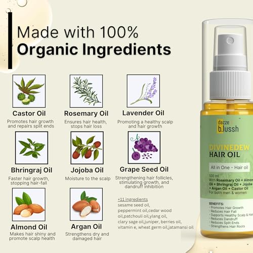 Image of Dazze & Blussh DivineDew Organic Hair Growth Oil - Reduces Hair Fall, Dandruff & Promotes Growth - With Rosemary, Almond, Bhringraj, Jojoba & Castor - 100ml