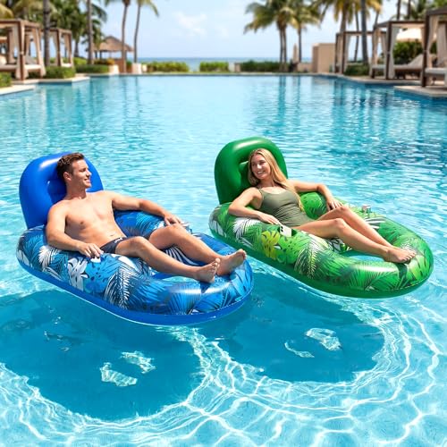 FindUWill Pool Floats Chairs Adult - 2 Pack 65'' x 42'' Large Pool Float Chairs, Inflatable Pool Lounger with Cup Phone Holder, Backrest, Footrest, Tanning Pool Lounge (Palm Blue & Palm Green) by FindUWill - Used condition - Image 6