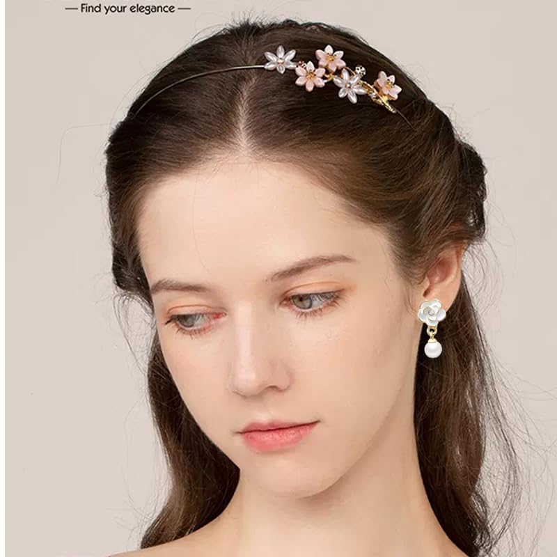 Gold Camellia Flower Earrings - Boho Floral Dainty Romantic Pearl Crystal Camellia Earrings with Shinny Rhinestones - Bohemian Jewelry Gift3