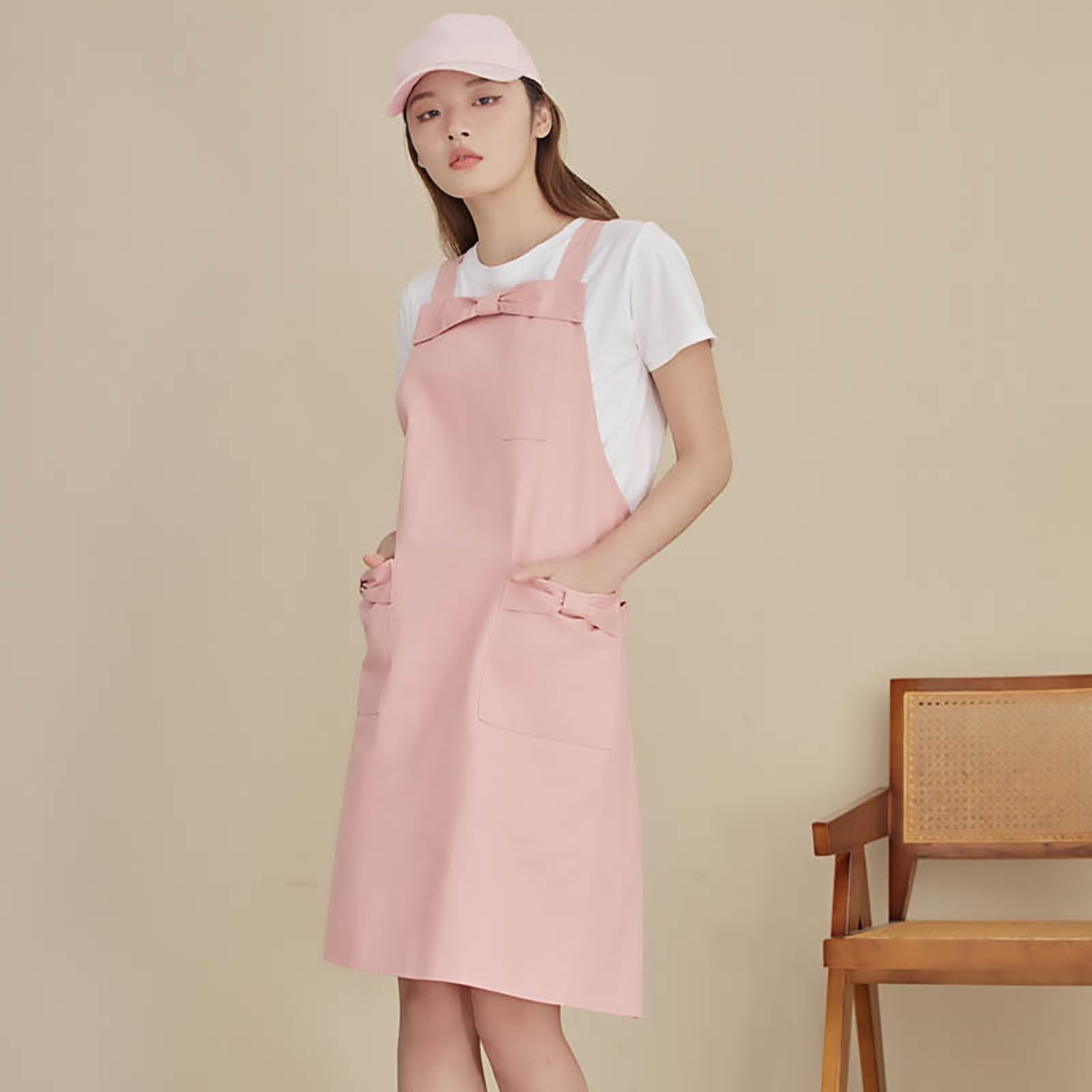 Tablier De Cuisine pour Femme, Tablier De Travail Réglable À Dos Croisé, Joli Tablier Imperméable À Nœud avec Poches,One Size,Pink