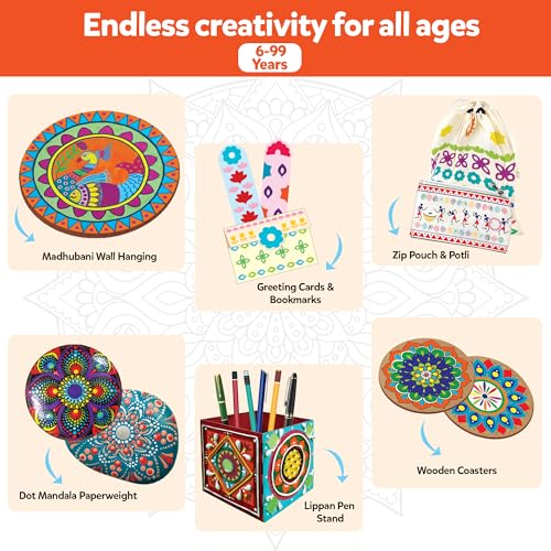 Image of Little Berry Indian Art Forms Kits | Paper, Wood Ultimate 6 in 1 DIY Art & Craft Kit for Kids | Create 20+ Projects | Learn Lippan, Warli, Block Printing, Mandala & Madhubani Painting Kit | DIY Toys