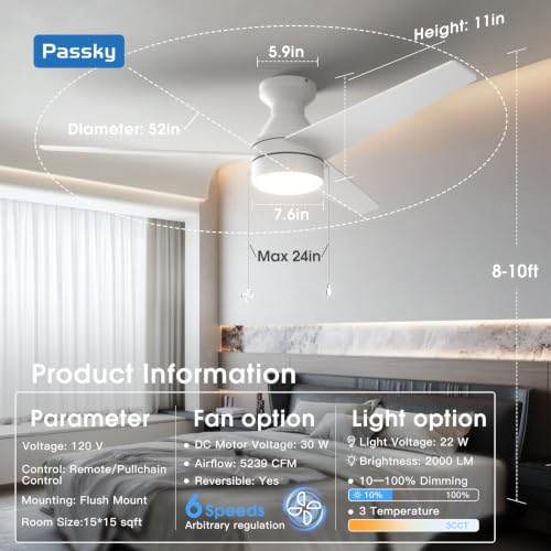 Image of Passky 52 Inch White Low Profile Ceiling Fan with Light, Pull Chain&Remote | Flush mount, pull chain, remote, 3-color dimmable light, quiet reversible DC motor, easy install, memory, timer, bedrooms