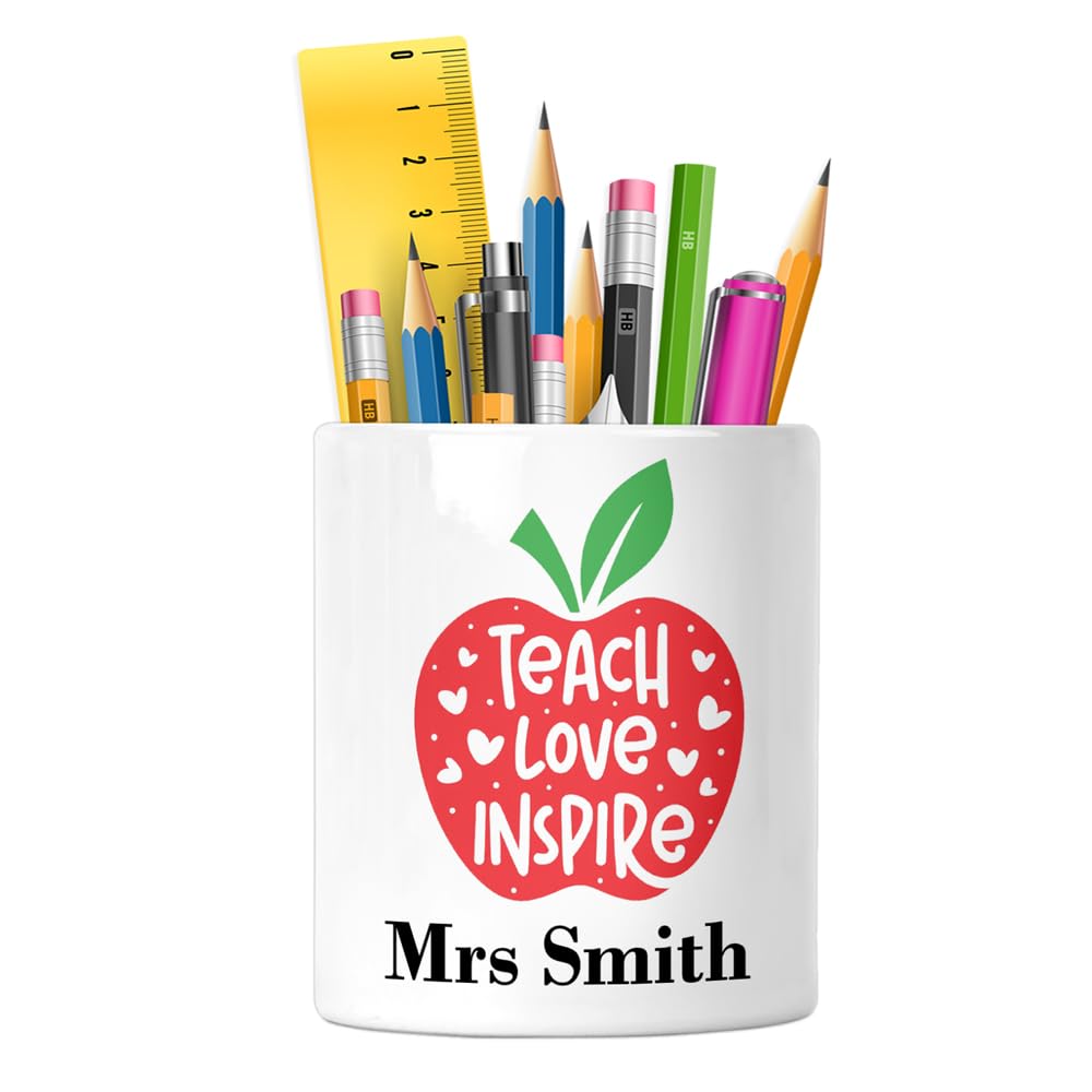 Personalised - Teacher Stationary Holder - Custom Desk Organiser Tidy for School, Nursery or Office - End of Term Gift for Teachers or Teaching Assistant, TA - Ceramic Pencil Stand Pen Pot (Apple)