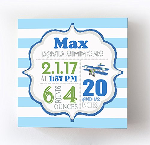 Personalized Stretched Canvas Birth Announcement Gift, Custom Baby Name, Date, Weight Stats, Newborn Airplane Nursery Wall Art Decor, Wooden Frame Construction, Ready to Hang 16X16