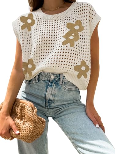 Image of Womens Summer Crochet Tops Hollow Out Cap Sleeve Cover Up Tank Top Pullover Sweater Vest Beach Vacation Clothes