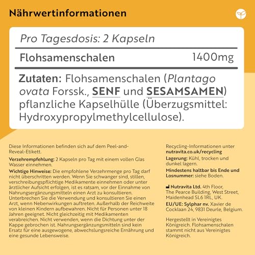 Flohsamenschalen Kapseln Nutravita 1400 mg aus Plantago ovata