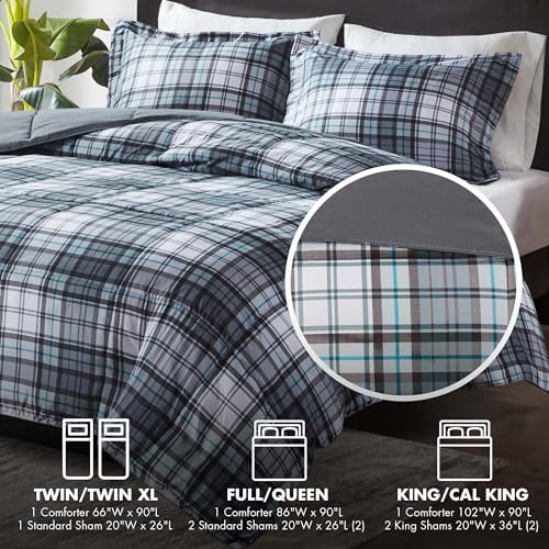 Madison Park Essentials Parkston Plaid Comforter, Matching Sham, 3M Scotchguard Stain Release Cover, Hypoallergenic All Season Bedding-Set, Full/Queen, Grey, 3 Piece - Thumbnail 2