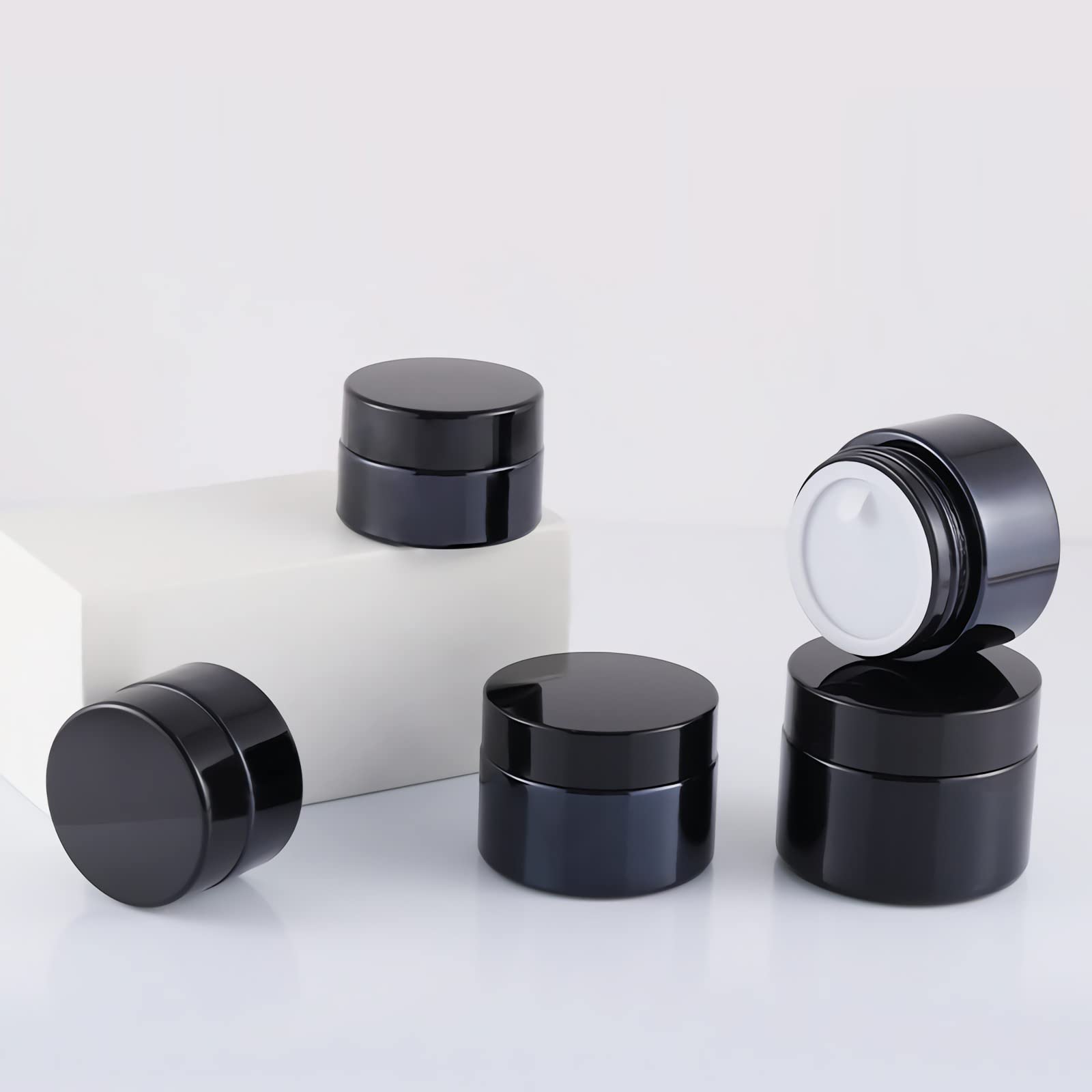 12 Pezzi 50ml Vasetti di Vetro Cosmetici con Tappo Nero, Vuoti 50g Vasetti di Vetro Cosmetici Contenitori Bottiglia da Viaggio per Creme Balsamo Labbra Riutilizzabile
