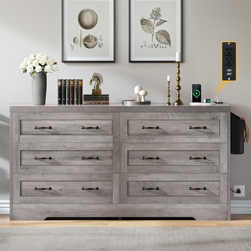 DWVO Farmhouse 6 Drawer Dresser for Bedroom, 59" Wide Large Modern Dresser TV Stand with Drawers & Bar Handles, Storage Dressers with Power Outlets, Rustic Wood Chest of Drawers, Grey