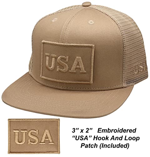Image of Antourage American Flag Unisex Baseball Hat for Men and Women | USA Flag Mesh Snapback Flat Visor Cap + 2 Patriotic Patches