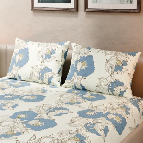 Image of BLISSHOME SoftTouch 140TC Cotton King Size Fitted Bedsheet with 2 Pillow Covers, Silky Smooth Bedding Set, Breathable, Easy Maintain, Floral Print - Ivory, Blue (182cm x 198cm x 25cm Drop)