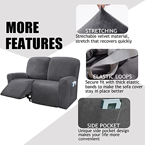 Nc Home Velvet 6 Pieces Recliner Loveseat Cover, 2 Seaters Lazy Boy Reclining Furniture Protector For Kids And Pet, Non Slip Love Seat Sofa Couch Slipcover, Thick, Washable, Grey #TOP3