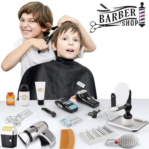 Fashion Barber Pretend Play Tool Kit, Hair Stylist Salon Playset for Kids with Hair Trimmers, Dryer, Razors and Styling Accessories