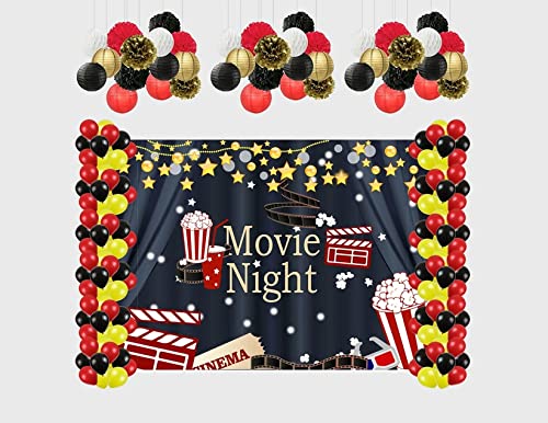 Theme My Party Combo Kit -"Movie Theme" Decoration Kit With Backdrop ,Balloons And Pom Pom /Lanterns" (7ft X 5ft)