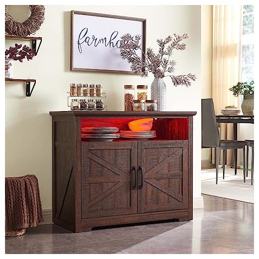 SinCiDo LED Farmhouse Coffee Bar Cabinet, 38" Rustic Buffet Cabinet w/Storage, Accent Cabinet w/Open & Adjustable Shelf, Sideboard Buffet Cabinet for Dinning Room, Kitchen, Hallway, Brown