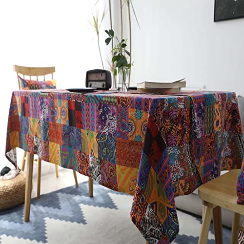 Jaijy Cotton Linen Patchwork Colorful Table Cloth Rectangle Tablecloth For Party Boho Tablecloth French Country Table Cloth Birthday Tablecloth For Kitchen Dinning Table Decoratives, 55"X63" #TOP2