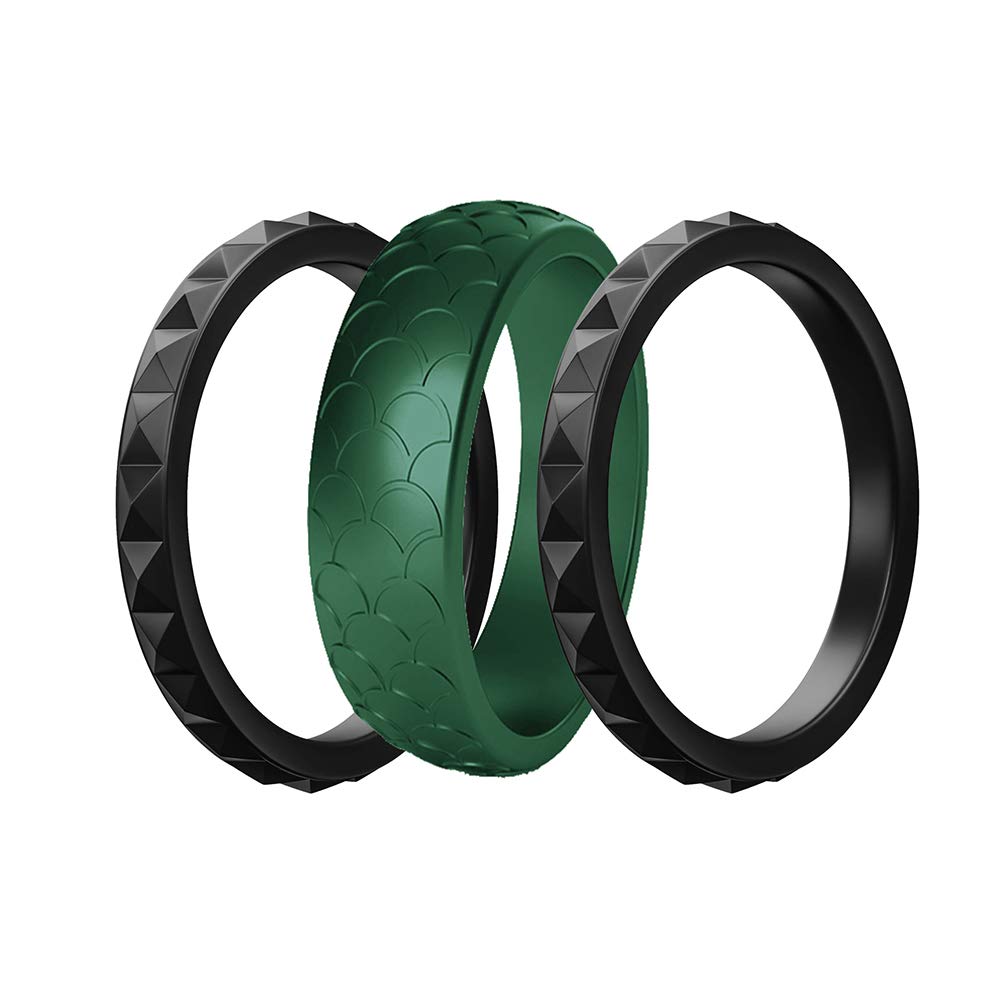Women Silicone Wedding Ring Soft Thin Scaly Stackable Silicone Rings Wedding Sports Bands (3pcs, May-Emerald, 9#)