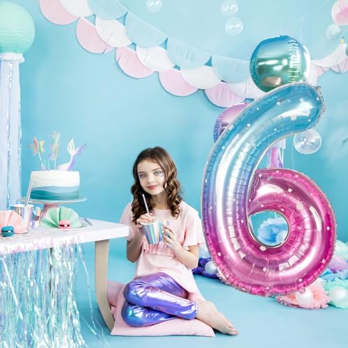 Image of 40 Inch Balloon Number 6 Blue Pink, Large Foil Mermaid 6 Balloons Number for Women, Starry Rainbow Globos de Numero 6 Helium Balloons for Girls 6th Birthday Anniversary Graduation Party Decorations