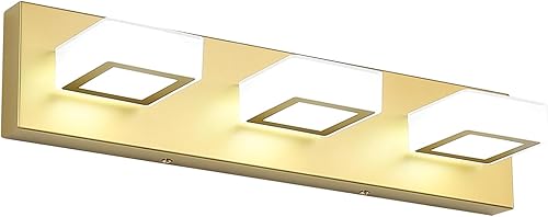 Ralbay Luces doradas para tocador de baño, 3 luces LED, modernas luces doradas sobre espejo, lámpara de pared acrílica dorada (luz blanca, 6000 K)