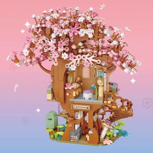 Image of SKY LINE OCEAN Japanese Cherry Blossom Tree House Building Set, 1149+ Mini Blocks, DIY Pink Sakura House Kit with Pond & Swing, Creative Gift for Girls & Kids Ages 14+ | 5 Year Structural Warranty