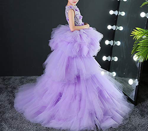 Girls' Adela Lace High Neck Pageant Dresses Ball Gown Hi-Low Applique 12 Lavender With Removable Train2