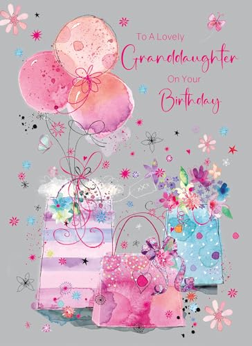 Cherry Orchard | Granddaughter Birthday Card | Colourful Birthday Gift Bags and Balloons | Foil Finish | Complete with Envelope