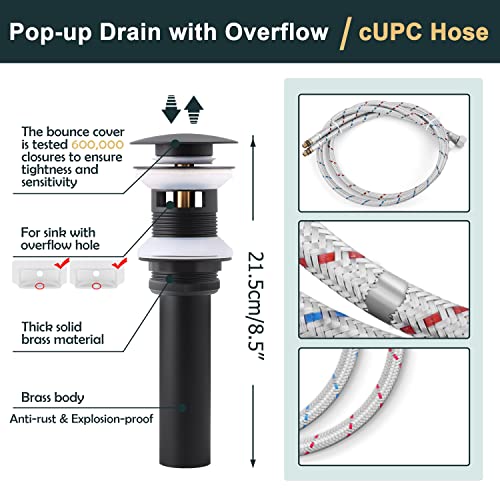 Image of Herogo Bathroom Faucet with Sink Drain, Matte Black Single Handle Waterfall Bathroom Sink Faucet with Water Supply Hoses for 1 Hole or 3 Holes, Stainless Steel, for Vanity RV Lavatory