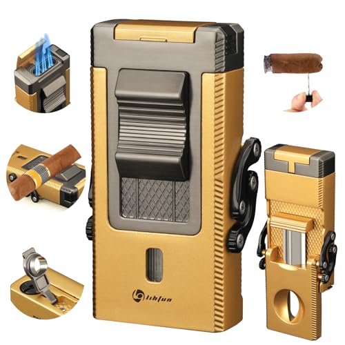 LIHTUN Cigar Lighter Multifunctional All-in-1 Torch Lighter Built-in Cigar Holder Cigar Draw Enhancer Cigar Punch Cigar Gift for Men Butane Lighter with Folding V-Cut Cigar Cutter (Gold)