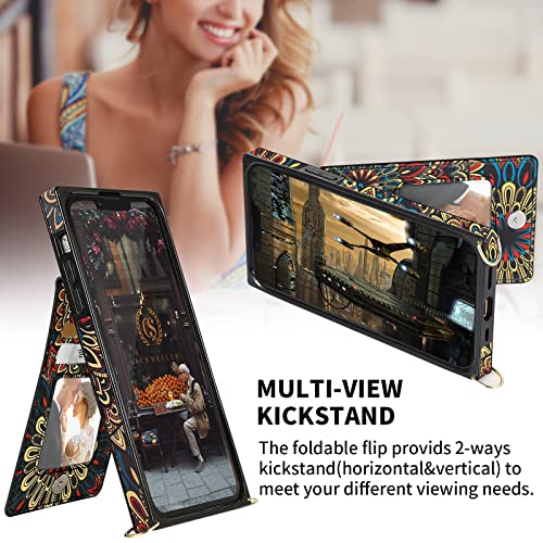 Hoggu Crossbody Iphone 14 Case Wallet With Card Holder, Floral Leather Iphone 14 Crossbody Case With Strap, Kickstand, Zipper Purse, Protective Square Phone Case Cover For Women Girls-Mandala #TOP4