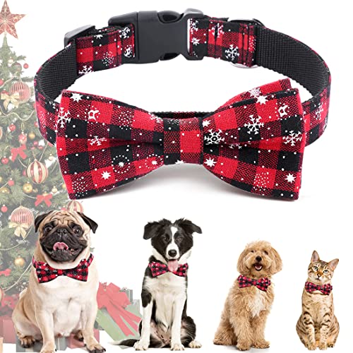 Weihnachten Halsband Hund Katze, Halsbänder mit Fliege Weihnachts Kariertes Kostüm Hundehalsband Abnehmbar Schleife, Rot Verstellbare Halsband Geschenk für Klein Mittlere Groß Hunde Katzen Welpen (S)