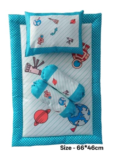 Image of Kids Gadda Set 4 Piece | Soft Baby Bedding Set with Mattress, Pillow & Blanket | Fancy Kids Sleeping Mat Set | Comfortable Bedding Set for Boys & Girls (Blue)