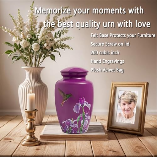 Image of Purple Hummingbird Cremation Urn for Ashes Adult Female Male | Large Urn for Human Ashes Women and Men,Decorative Burial Urn for Mom /Mother /Grandma /Sister(up to 200 lbs)