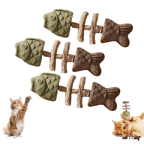 Fix Your Cats Dental Health Natural Fishbone Catnip & Silvervine Chew Toy Wooden Catnips Teeth Cleaning Stick Interactive Kitten Chew Playthings for Cats Teeth Cleaning (Mixed Flavors 3pcs)