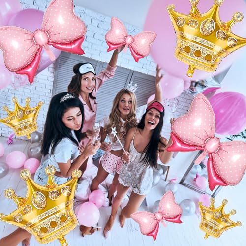 Image of 10 Pcs Gold Crown Balloons And Pink Bow Balloon Light Pink Bows Balloons | Light Pink Bows Balloons Large Gold Crown Foil Balloon With Two Sizes For Birthday Baby Shower Theme Party Wedding Bridal