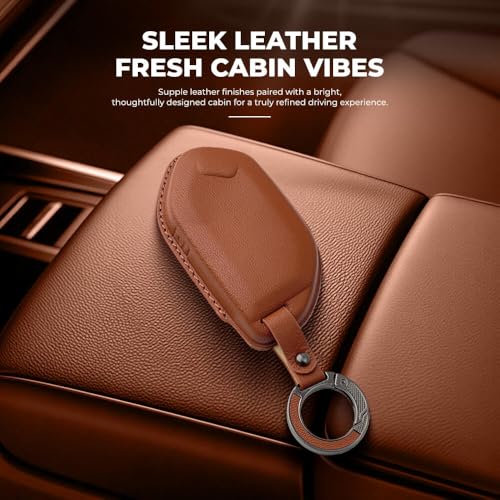 Image of Keyzone Premium Leather Key Cover & AC Vent Car Perfume Combo (4 Fragrances) | Compatible for Kia Seltos 2026, Syros, EV6, EV9 4 Button Smart Key (Brown)