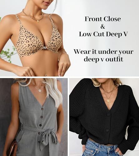 Image of DEANGELMON Front Closure Bras for Women Wireless Lightly Padded Bralett Seamless Low Cut V-Neck Lightweight T-Shirts Bra
