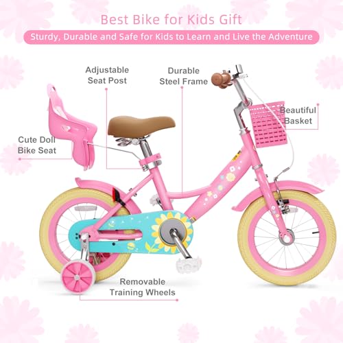 Image of Glaf Toddler Girls Bike for Age 2-9 Years 12 14 16 20 Inch Kids Bike | Girls Bicycle,Toddler Bike,Doll Seat, Basket, Adjustable Seat, Bell,