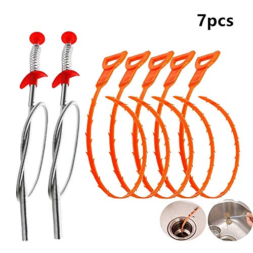 Preisvergleich Produktbild Voarge 7er-Pack Kanalbaggerwerkzeug, Abfluss Schlange Haarabfluss Clog Remover Reinigungswerkzeug Reinigung Tool für Küche / Waschbecken (2 Edelstahl und 5 Kunststoff)