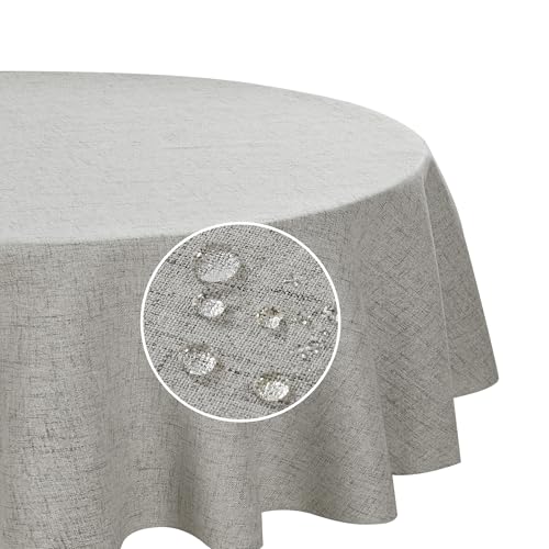 Deconovo Mantel Redondo Impermeable Lavable Antimanchas Decorativo para Casa Comedor Cocina, Aspecto Lino, 140 cm, Gris Claro, 1 Pieza