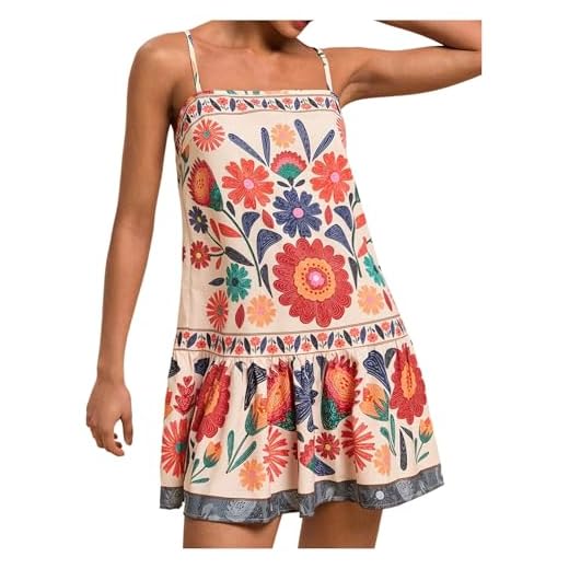 RoseSeek Women's Floral Boho Flowy Mini Cami Dress Ruffle Hem Spaghetti Strap Vacation Tank Dresses Multicolor Small