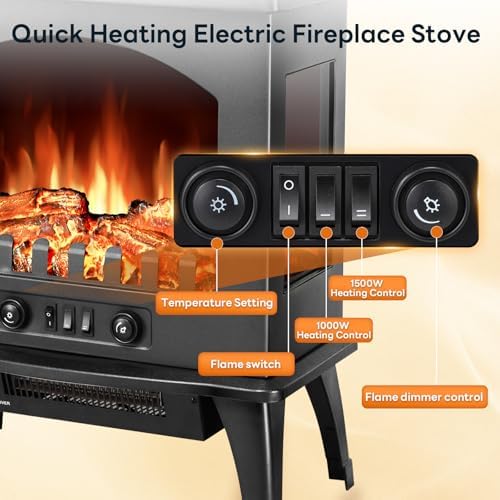 ZAFRO Freestanding Electric Fireplace Stove with Realistic Flame, 5100 BTU Electric Fireplace Heater with Retro Design, 1000W/1500W, Dual Safety Protection for Living Room, Bedroom - Thumbnail 3