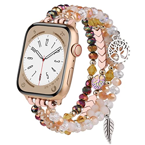 Image of MOFREE Beaded Bracelet Compatible with Apple Watch Band 38mm /40mm /41mm /42mm, Fashion Elastic Stretch Women Bands for iWatch Series 11 /10 /9 /8 /7 /SE /6 /5 /4 /3 /2 /1 iPhone Watch Strap Bands Rose Gold /Crystal