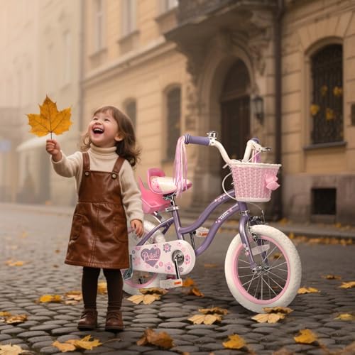 Image of Glerc Petal Girls Bike 12-18 Inch for Ages 2-9, Kids Bike with Training Wheels, Basket & Streamers, Princess Style Kids Bicycle, for Girls