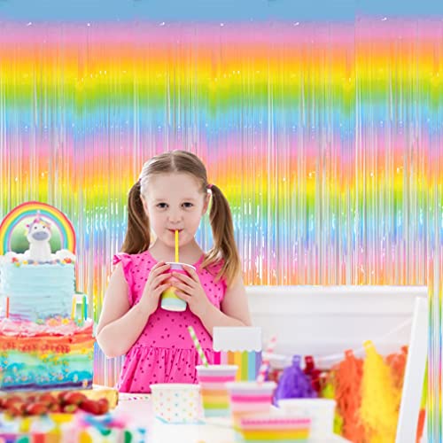 Muhome Rainbow Unicorn Foil Fringe Curtain, 2Pcs 3.28Ft X 8.2Ft Metallic Tinsel Door Curtains Photo Backdrop For Wedding Birthday Baby Shower Bachelorette Pastel Graduation Party Decorations #TOP1